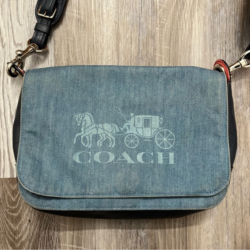 Coach JES Messenger Crossbody Bag Denim Leather Blue Black Pink